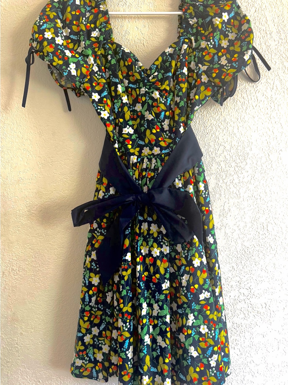 Unique Vintage Floral Black A-Line Dress with Puffed Sleeves and Waist Tie